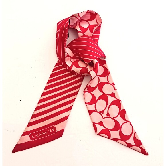 COACH 100% Silk Skinny Scarf Red Stripes/Logo Print Ponytail Bag Wrap - Picture 1 of 7